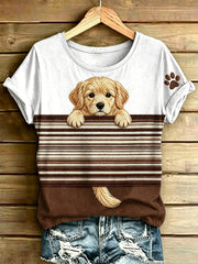 Damen-Hundestreifen bedrucktes Vintage-Mode-Lässiges Kurzarm-T-Shirt