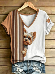 Damen-T-Shirt mit Tier- und Hunde-Streifenmuster, im Vintage-Stil, modisch, locker geschnitten, kurze Ärmel