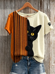 Damen-T-Shirt mit farbblockiertem Print, kurzen Ärmeln und aufgedruckten schwarzen Katzen- und Pfotenabdrücken