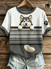 Damen-Hundestreifen bedrucktes Vintage-Mode-Lässiges Kurzarm-T-Shirt