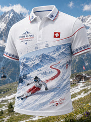 Herren-Poloshirt mit Ski-Print, waffelstrukturiertem Strick und kurzen Ärmeln