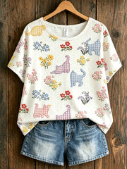 Damen-T-Shirt mit Katzenmotiv-Print, im Vintage-Stil, modisch, locker geschnitten, kurze Ärmel