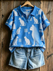 Damen-Modell Poloshirt mit Katzenmuster