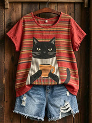 Damen-Vintage-T-Shirt mit Katzenmuster
