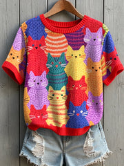 Damen-Gruppe Katzenkunst bedrucktes Vintage-Mode lässiges Kurzarm-T-Shirt