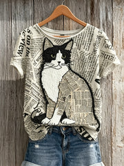 Damen-Vintage-T-Shirt mit Katzen- und Zeitungs-Muster in Patchwork-Optik und Kurzarm