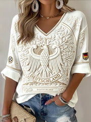 Damen Retro Weiß Deutscher Adler 3D-gedrucktes lässiges V-Ausschnitt T-Shirt
