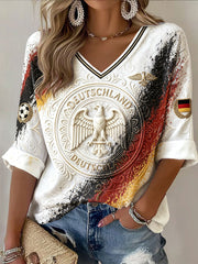 Damen Vintage weiße deutsche Flagge Adler Fußball druck lässig V-Ausschnitt T-Shirt