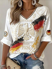 Frauen Vintage weiße deutsche Flagge Graffiti Adler Fußball Print lässig V-Ausschnitt T-Shirt