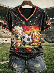 Damen Schwarz Deutsches Fußball-Pailletten bedrucktes lässiges T-Shirt mit V-Ausschnitt