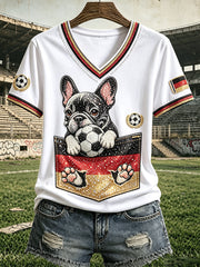 Frauen Weiß Deutscher Fußball Niedlich Welpen Print Freizeit T-Shirt mit V-Ausschnitt