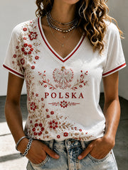 Frauen Polen V-Ausschnitt Off-Schulter-T-Shirt mit kurzen Ärmeln