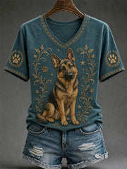Damen-Retro-T-Shirt mit Hunde-Print und V-Ausschnitt, lässig geschnitten