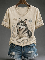 Damen-Retro-T-Shirt mit Hunde-Print und V-Ausschnitt, lässig geschnitten
