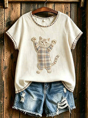 Damen-Mode kariertes T-Shirt mit Katzenmuster