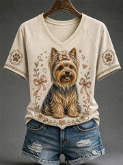 Damen-Retro-T-Shirt mit Hunde-Print und V-Ausschnitt, lässig geschnitten