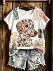 Frauen romantisches Hunde muster bedrucktes T-Shirt