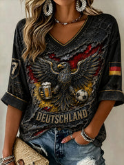 Damen-Linonhemd mit deutschem Fußballmuster und V-Ausschnitt