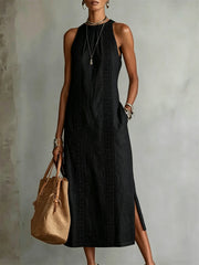 Damen-elegantes, schlichtes ärmelloses Leinen-Maxikleid mit seitlichem Schlitz
