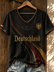 Damen-Fußball-T-Shirt aus Deutschland mit V-Ausschnitt und Aufdruck