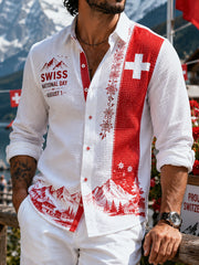 Herren-Hemd mit Nationalflaggen-Print und Waffelstruktur, langärmlig