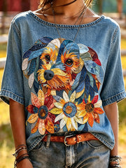 Frauen Tiere Hund gedruckt Vintage Mode lose kurze Ärmel T-Shirt