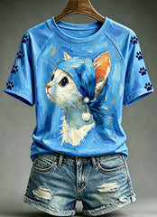 Frauen Ölgemälde Tiere Lustige Katze gedruckt Vintage Mode Lose Kurzarm T-Shirt