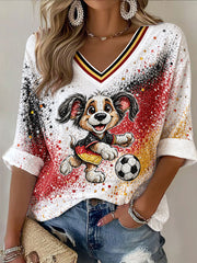 Damenweißes, niedliches T-Shirt mit deutscher Flagge und Hund-Fußball-Print, lässig, V-Ausschnitt