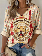 Damen Deutschland Bayern Niedliches Hundemotiv Freizeit-V-Ausschnitt-T-Shirt