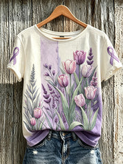 Lässiges Damen-T-Shirt mit violettem Blumenmuster und kurzen Ärmeln