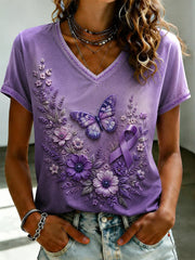 Damen-T-Shirt mit violetter Blumen-Print-Optik und V-Ausschnitt