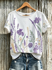 Lässiges T-Shirt für Damen mit violettem Pflanzenblütenmuster