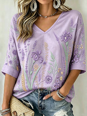 Damen-T-Shirt mit violettem Pflanzenmuster, mittellange Ärmel und V-Ausschnitt