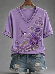 Damen-T-Shirt mit violetter Blumen- und Kolibri-Print-Aufschrift zur Sensibilisierung für Alzheimer, V-Ausschnitt