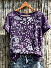 Damen-Lässiges T-Shirt mit violettem Pflanzen- und Blumenmuster, kurzärmlig
