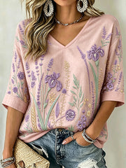 Damen-T-Shirt mit violettem Pflanzenmuster, mittellange Ärmel und V-Ausschnitt