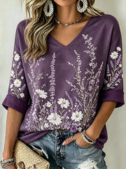 Damen lila Pflanzen blumen muster gedruckt lässig mittellange Ärmel V-Ausschnitt T-Shirt