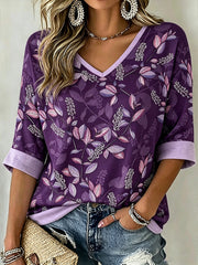 Damen-Lässiges T-Shirt in Violett mit Pflanzen- und Blumenmuster, mittellange Ärmel, V-Ausschnitt