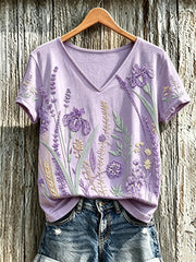 Lässiges T-Shirt für Damen mit violettem Pflanzenblütenmuster