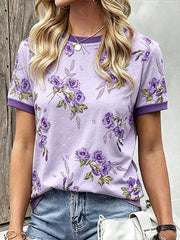 Lässiges Damen-Hemd aus Baumwolle-Leinen mit violettem Pflanzen- und Blumenmuster