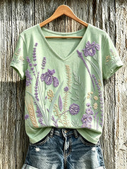 Lässiges T-Shirt für Damen mit violettem Pflanzenblütenmuster