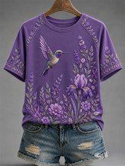 Damen-T-Shirt in Lila mit Blumen- und Kolibri-Print zur Sensibilisierung für die Alzheimer-Krankheit