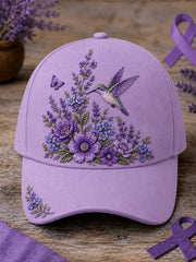 Unisex-Mütze in Lila mit Blumen- und Kolibri‑Muster zur Sensibilisierung für die Alzheimer‑Krankheit
