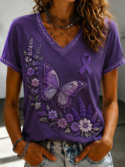 Damen-T-Shirt mit violetter Blumen-Print-Optik und V-Ausschnitt