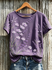 Damen-Lässiges T-Shirt mit violettem Pflanzen- und Blumenmuster, kurzärmlig
