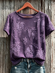 Damen-Lässiges T-Shirt mit violettem Pflanzen- und Blumenmuster, kurzärmlig
