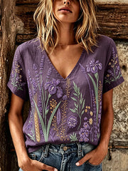 Lässiges Leinen-T-Shirt für Damen mit violettem Blumenmuster und kurzen Ärmeln