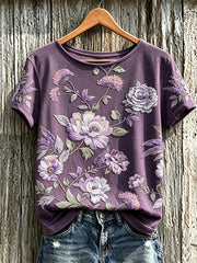 Damen-Lässiges T-Shirt mit violettem Pflanzen- und Blumenmuster, kurzärmlig