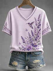 Damen-T-Shirt mit violetter Blumen- und Kolibri-Print-Aufschrift zur Sensibilisierung für Alzheimer, V-Ausschnitt