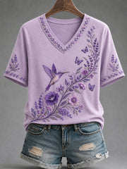 Damen-T-Shirt mit violetter Blumen- und Kolibri-Print-Aufschrift zur Sensibilisierung für Alzheimer, V-Ausschnitt